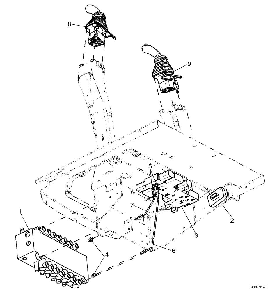 Схема запчастей Case 590SM - (08-17) - HYDRAULICS - VALVE, PILOT CONTROL AND JOYSTICKS (7 SPOOL, W/ EXT DIPPER, W/O AUX HYDS) (08) - HYDRAULICS