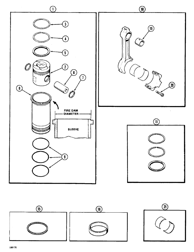 Схема запчастей Case W36 - (2-36) - PISTONS AND SLEEVES, 504BDTI ENGINE, WITH 5.189 INCH TO FIRE DAM DIAMETER SLEEVE (02) - ENGINE