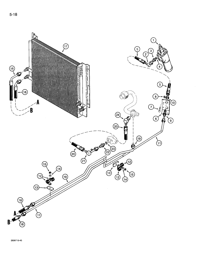 Схема запчастей Case 721 - (5-18) - STEERING HYDRAULIC CIRCUIT, RETURN LINE AND COOLER, PRIOR TO P.I.N. JAK0022432 (05) - STEERING