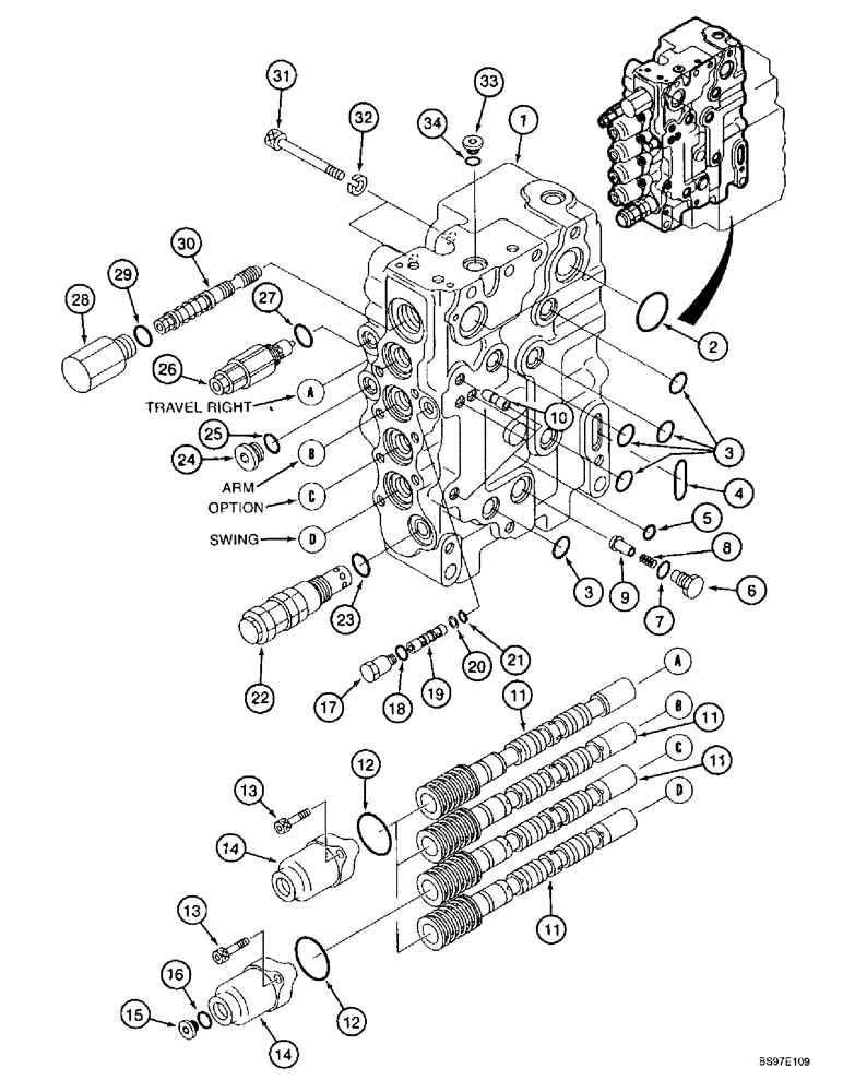 Схема запчастей Case 9010B - (8-114) - CONTROL VALVE, FOUR SPOOL HOUSING AND RELATED PARTS (08) - HYDRAULICS