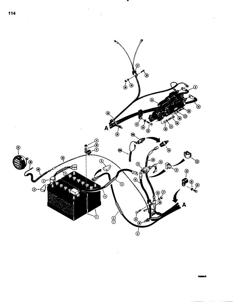 Схема запчастей Case 1150C - (114) - REAR ELECTRICAL WIRING, INSTRUMENT PANEL TO STARTER, BATTERY USED B4 TRAC SN 7308701 (04) - ELECTRICAL SYSTEMS