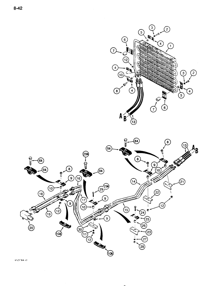 Схема запчастей Case 850D - (8-042) - BACKHOE HYDRAULIC CIRCUIT, COOLING SYSTEM, BOTH HOSE CONNECTIONS ON LEFT END OF COOLER, IF USED (08) - HYDRAULICS