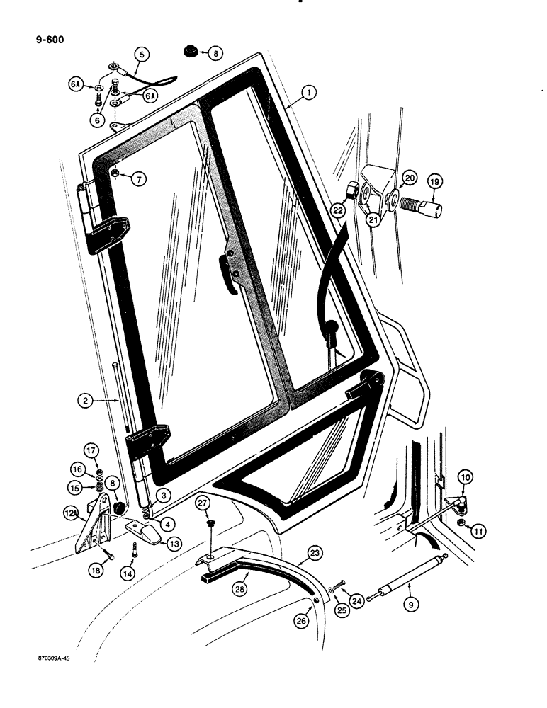 Схема запчастей Case 580K - (09-600) - LEFT-HAND AND RIGHT-HAND CAB DOOR MOUNTING (09) - CHASSIS/ATTACHMENTS