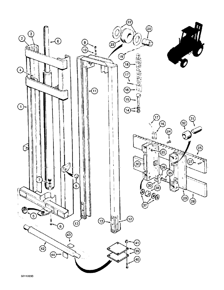 Схема запчастей Case 586E - (9-084) - 4.3 M (14-1/4 FOOT) MAST FOR 586E, MODELS WITH SINGLE LIFT CYLINDER (09) - CHASSIS/ATTACHMENTS