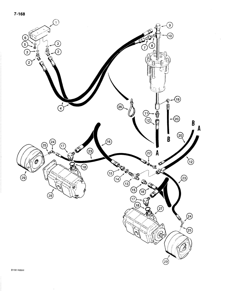 Схема запчастей Case 1080B - (7-168) - DRIVE RANGE AND BRAKE HYDRAULIC LINES, P.I.N. 6271846 AND AFTER (07) - BRAKES