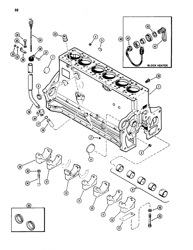 Схема запчастей Case 1150C - (032) - CYLINDER BLOCK, 451BD DIESEL ENGINE, BLOCK HEATER (02) - ENGINE