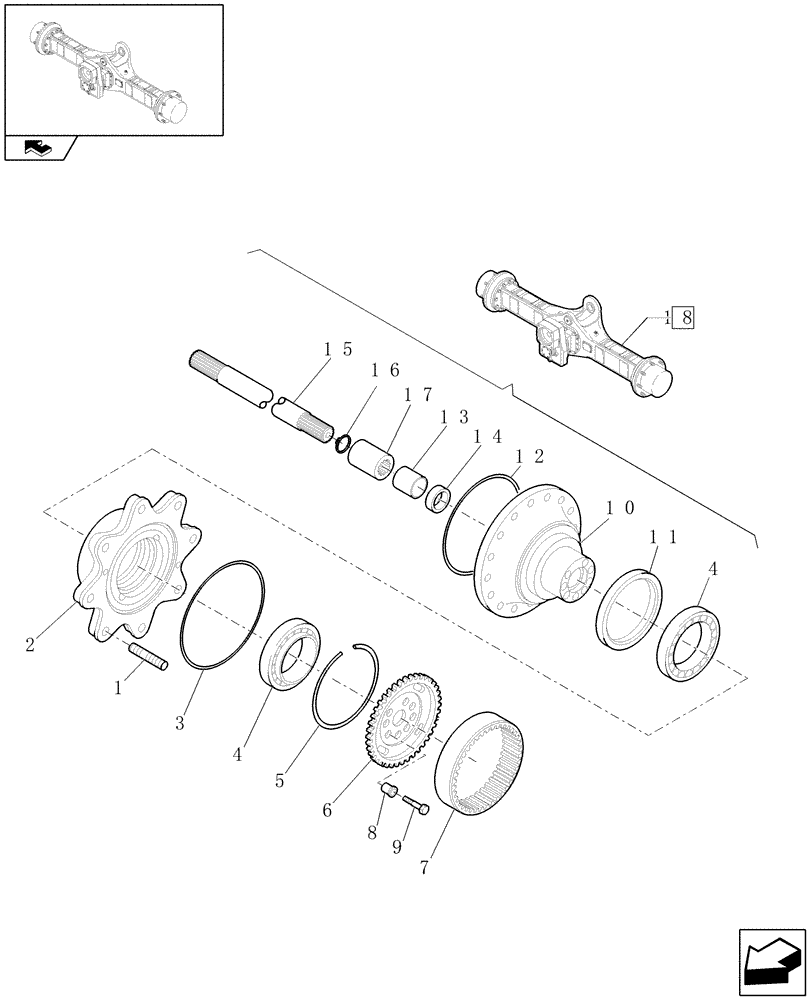 Схема запчастей Case 21E - (073[07]) - 20 KM/H REAR SELF-LOCKING AXLE: WHEEL HUB (05) - REAR AXLE