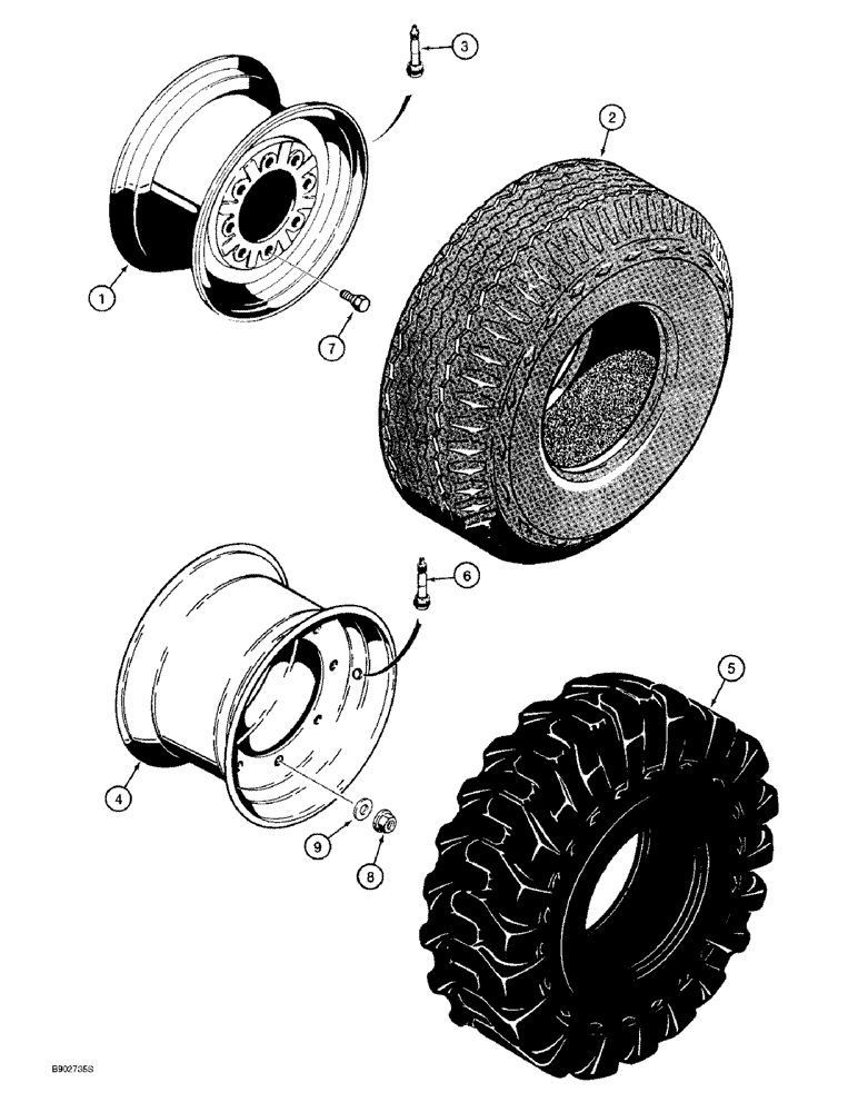 Схема запчастей Case 590SL - (5-18) - FRONT WHEELS AND TIRES, FOR 14 X 17.5 - 16 PLY TIRES, TWO WHEEL DRIVE MODELS (05) - STEERING