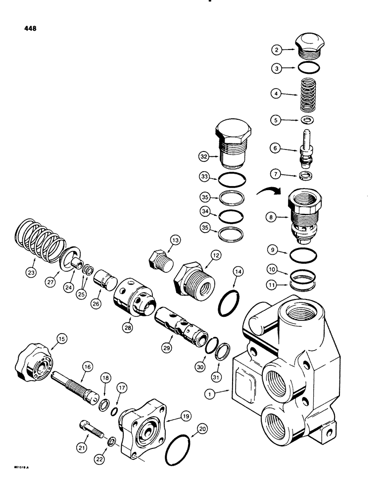 Схема запчастей Case 580SE - (448) - THREE-POINT HITCH CONTROL VALVE, INLET-OUTLET SECTION (08) - HYDRAULICS