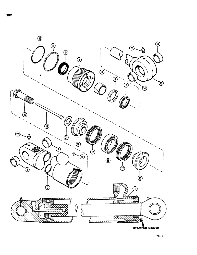 Схема запчастей Case 26C - (102) - G33209 BOOM CYLINDER, WITH TWO PIECE PISTON, GLAND IS STAMPED WITH CYLINDER PART NUMBER 