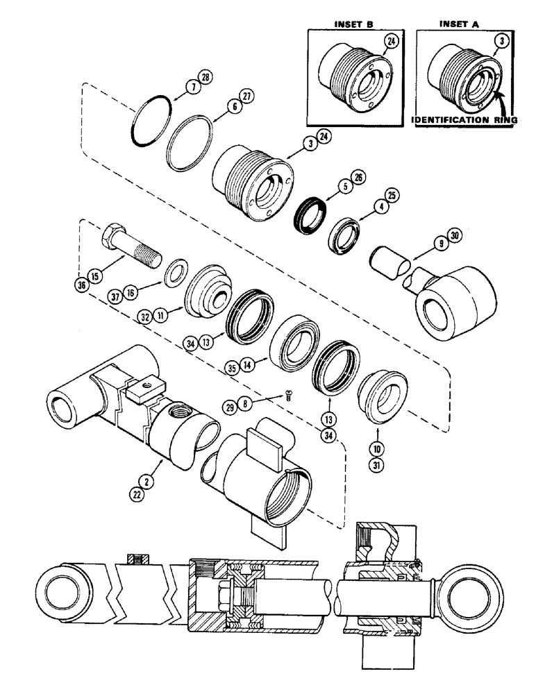 Схема запчастей Case 33 - (334) - G33142 BACKHOE DIPPER EXT CYL,3"DIA. CYL W/48"STROKE W/GLAND ID RING USED W/4 DIPPER EXT. 