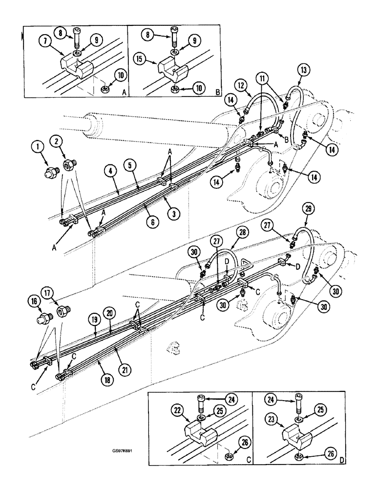 Схема запчастей Case 220B - (9-060) - ARM LUBRCATN LINES, PIN 74570 - 74597, PIN 03201 & AFT, FOR UNITS W/ 3 M ARM (09) - CHASSIS