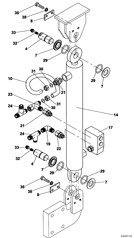 Схема запчастей Case SV210 - (10-008-00[01]) - CYLINDER, HYDRAULIC - HOOD LIFT LH (GROUP 381-2) (ND104300) (08) - HYDRAULICS