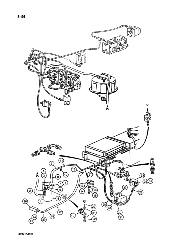 Схема запчастей Case 125B - (8-096) - HYDRAULIC COMPONENTS LEAK RETURN CIRCUIT, LINES TO RESERVOIR, P.I.N. 74631 THROUGH 74844 (08) - HYDRAULICS