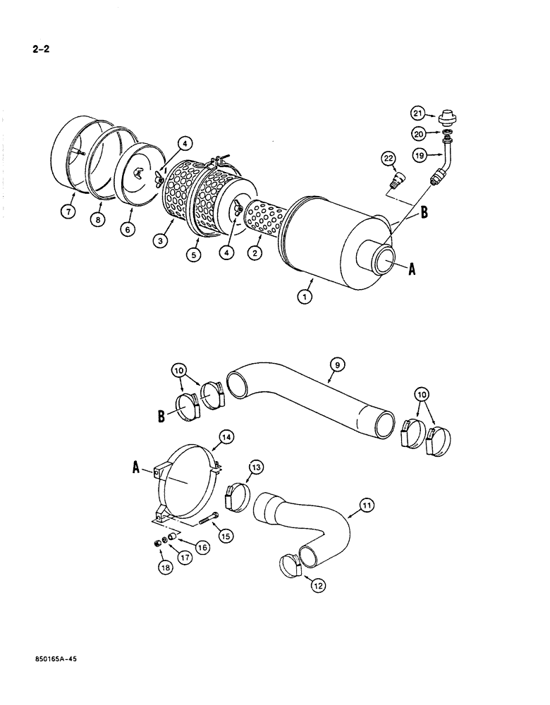 Схема запчастей Case 125B - (2-02) - STANDARD AIR CLEANER AND AIR INTAKE PARTS, P.I.N. 74251-74963, 21801-21868, 26801 AND AFTER (02) - ENGINE