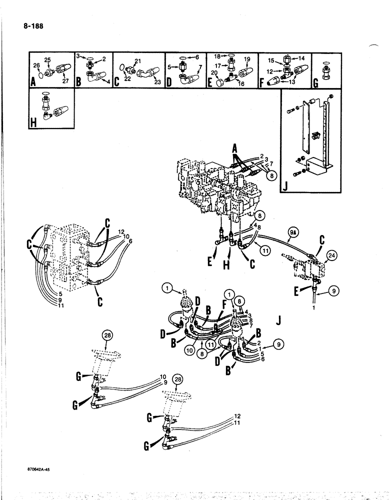 Схема запчастей Case 170B - (8-188) - HYDRAULIC CONTROL CIRCUIT, TO MAIN CONTROL VALVES, P.I.N. 74400 THRU 74456 (08) - HYDRAULICS