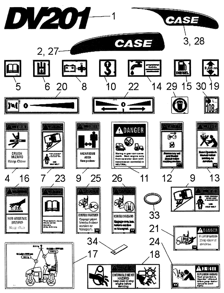 Схема запчастей Case DV201 - (12-510/1[01]) - DECALS (GROUP 510/1) (09) - CHASSIS/ATTACHMENTS