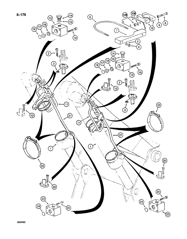 Схема запчастей Case 125B - (8-178) - BOOM CYLINDER CIRCUIT, TUBES AT CYLINDER, P.I.N. 74251 THRU 74963, 21801 THRU 21868, 26801 AND AFTER (08) - HYDRAULICS