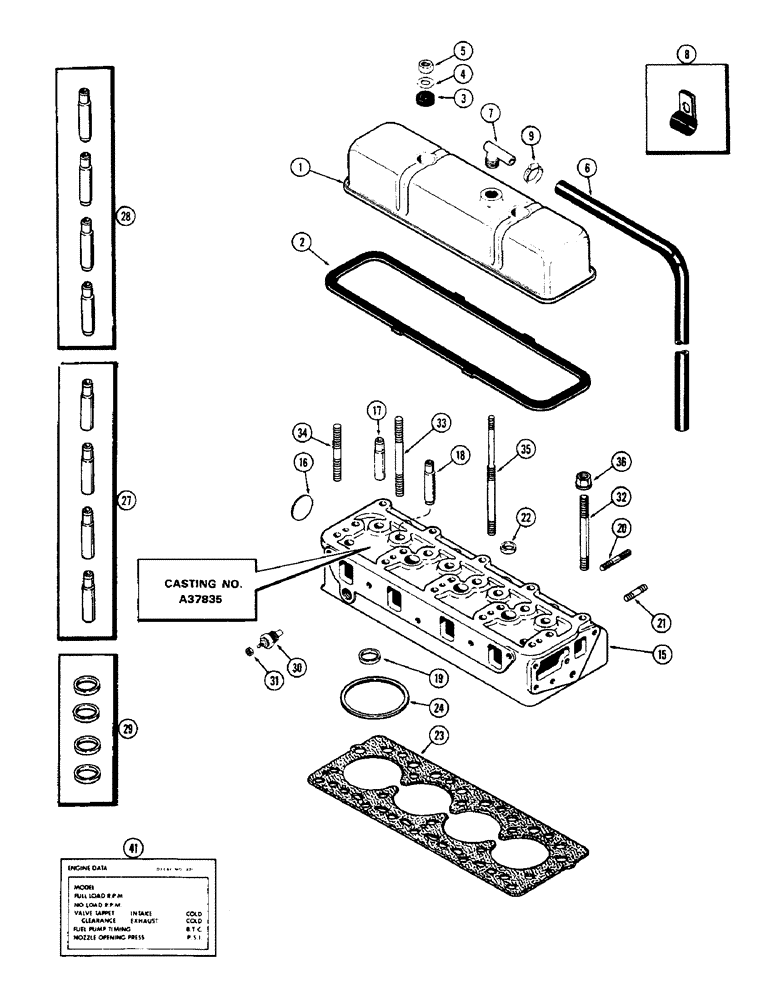 Схема запчастей Case 580B - (021A) - CYLINDER HEAD AND COVER, (188) DIESEL ENGINE, USED PRIOR TO ENG SN 2711005 (02) - ENGINE