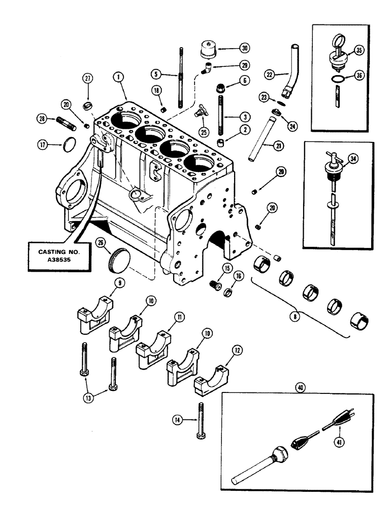 Схема запчастей Case 1700-SERIES - (041A) - CYLINDER BLOCK, 188 DIESEL ENGINE, USED WITH CYLINDER HEAD STRUDS, USED PRIOR TO ENG. S/N 2711005 (10) - ENGINE