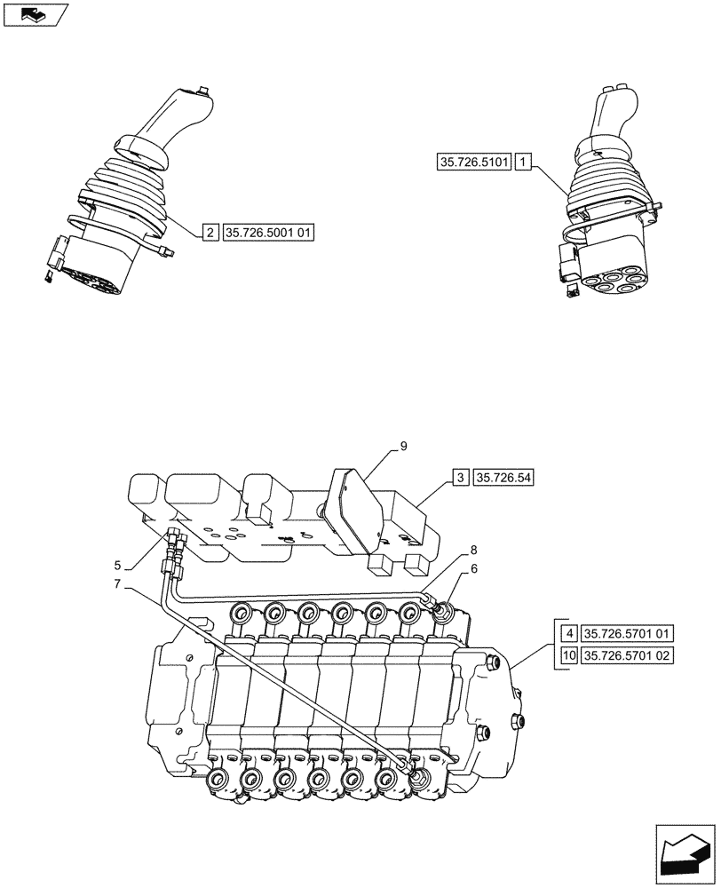 Схема запчастей Case 590SN - (35.726.4603) - VALVE - PILOT CONTROL AND JOYSTICKS (7 SPOOL, W/ EXT DIPPER, W/O AUX HYDS) - D9006 (35) - HYDRAULIC SYSTEMS