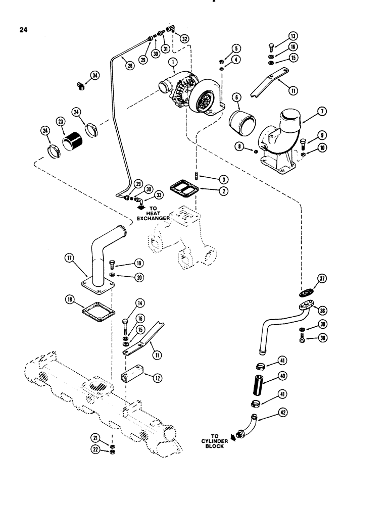 Схема запчастей Case 1150C - (024) - TURBOCHARGER, 451BD DIESEL ENGINE, FOR ALTITUDE COMPENSATING ENG (02) - ENGINE