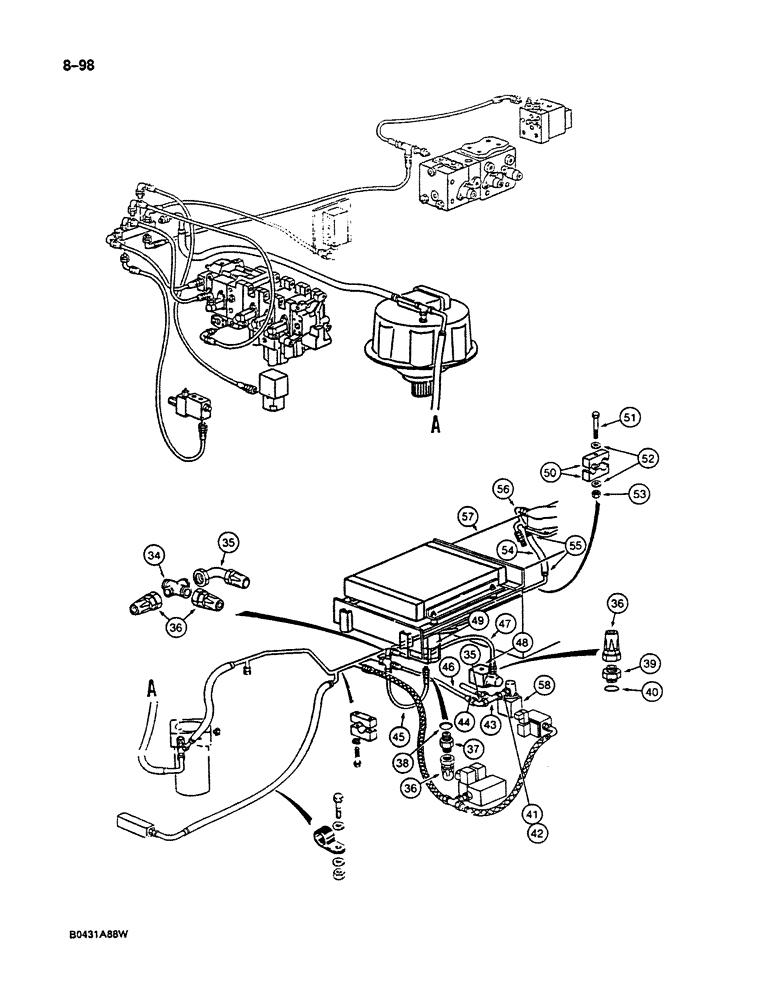 Схема запчастей Case 125B - (8-098) - HYDRAULIC COMPONENTS LEAK RETURN CIRCUIT, LINES TO RESERVOIR, P.I.N. 74631 THROUGH 74844 (08) - HYDRAULICS