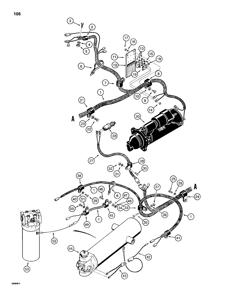 Схема запчастей Case 1150D - (106) - REAR ELECTRICAL WIRING, HARNESS TO INSTRUMENT PANEL, STARTER & REAR OF TRAC (04) - ELECTRICAL SYSTEMS