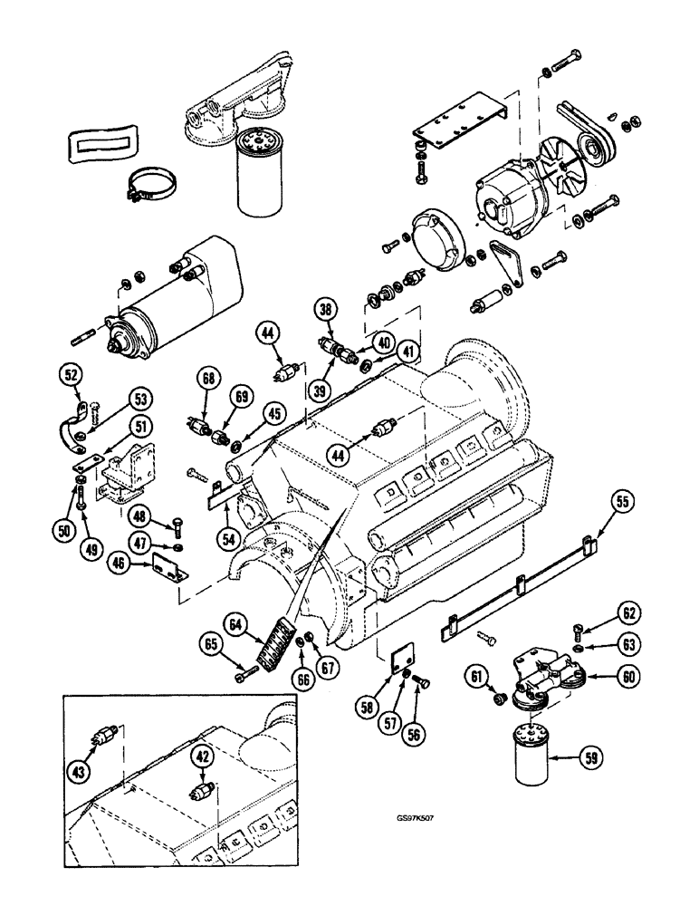 Схема запчастей Case 220B - (2-12) - ENGINE FILTERS, ALTERNATOR, & STARTER, ADAPTING PARTS TO ENG, P.I.N. 74441-74597, P.I.N. 03201 & AFT (02) - ENGINE