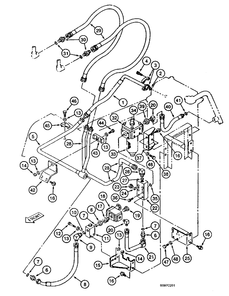 Схема запчастей Case 9045B - (8-062) - SINGLE ACTION AUXILIARY EQUIPMENT OPTION, CYLINDER SUPPLY LINES AND RELIEF CIRCUIT (08) - HYDRAULICS