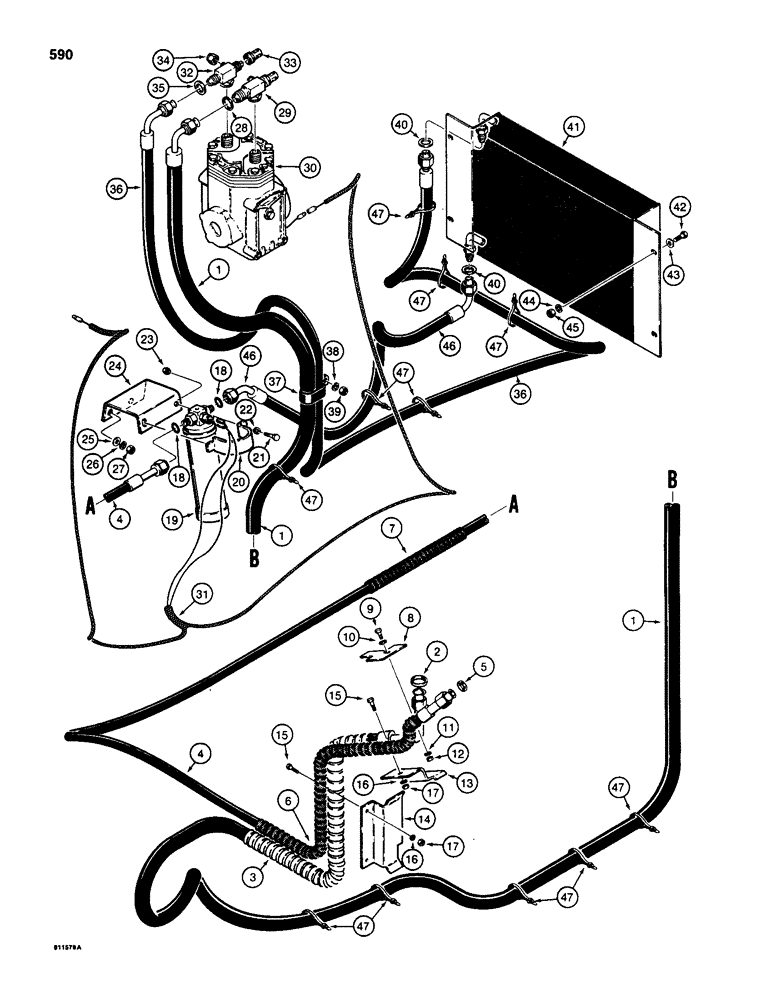 Схема запчастей Case 580D - (590) - AIR CONDITIONING LINES, WITH HOSES UNDER RIGHT-HAND FENDER (09) - CHASSIS/ATTACHMENTS