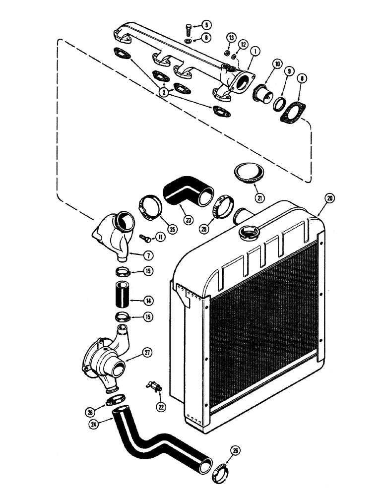 Схема запчастей Case 680CK - (004) - WATER MANIFOLD AND THERMOSTAT HOUSING, RADIATOR 