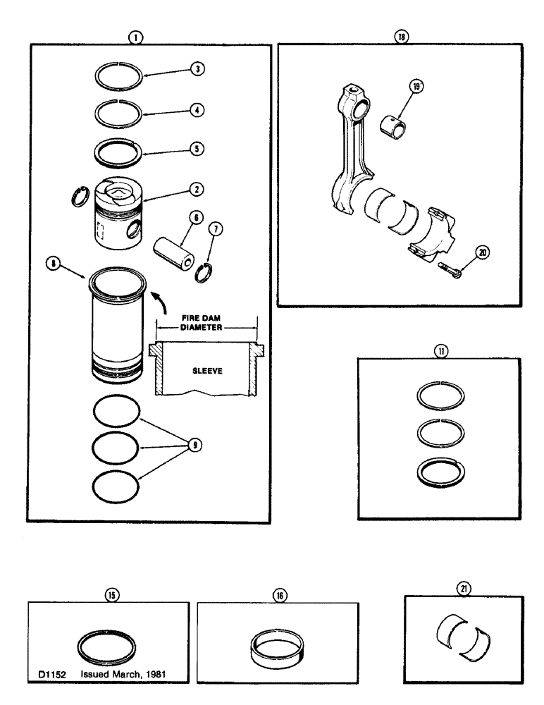 Схема запчастей Case 600 - (037A) - PISTONS AND SLEEVES, WITH 5.189 INCH TO 5.194 INCH FIRE DAM DIAMETER SLEEVE, (336BDT) DIESEL ENGINE (01) - ENGINE