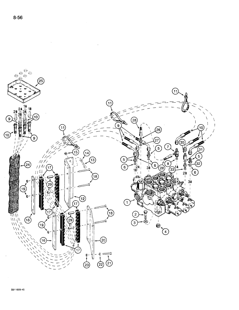 Схема запчастей Case 621 - (8-56) - REMOTE LOADER CONTROL CIRCUIT, HOSE SEPARATOR TO THREE SPOOL VALVE (08) - HYDRAULICS