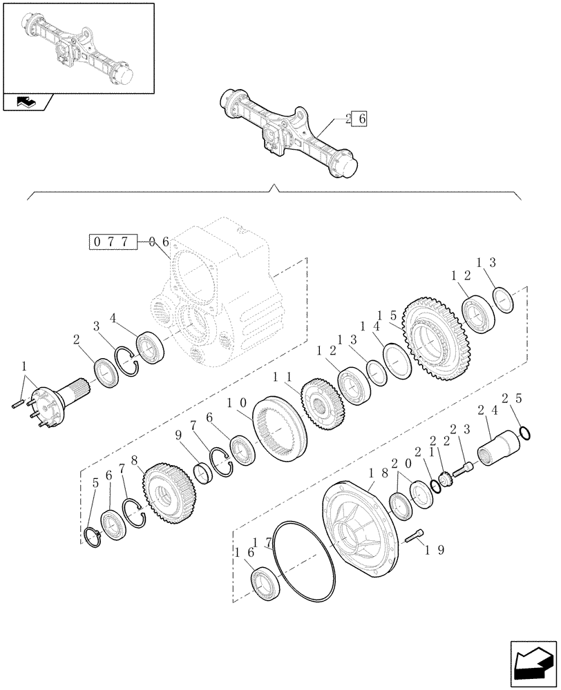 Схема запчастей Case 321E - (077[07]) - 35KM/H REAR AXLE (HIGH SPEED): GEARBOX (05) - REAR AXLE