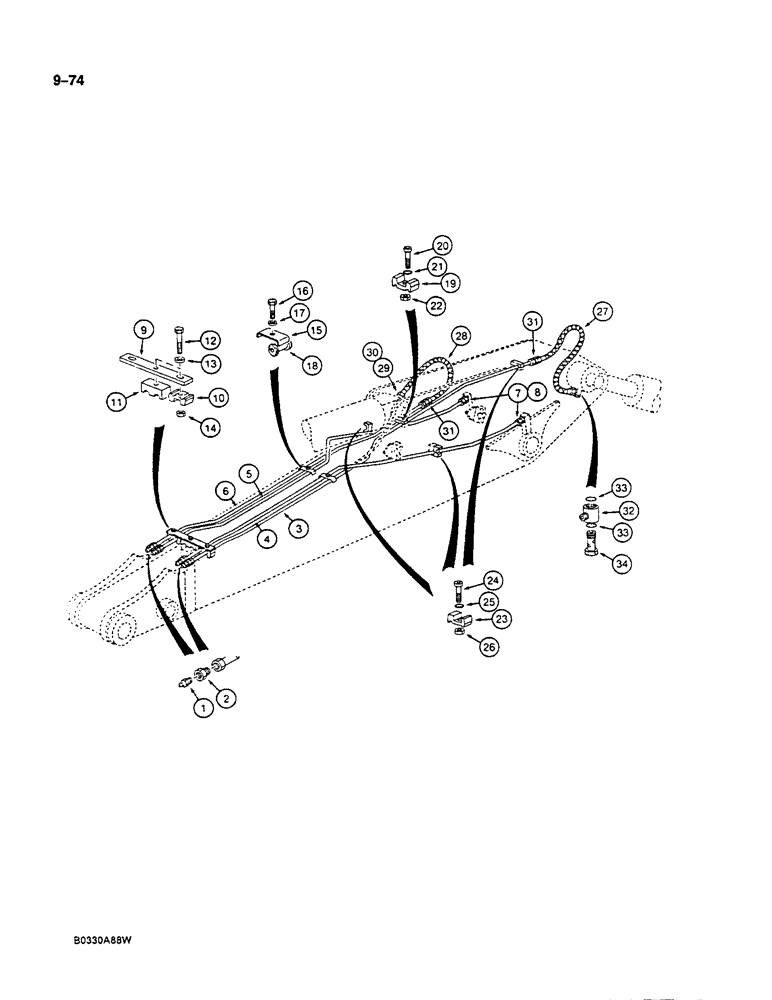 Схема запчастей Case 125B - (9-074) - ARM LUBRICATION LINES, USED ON UNITS W/ 3.2 M ARM, P.I.N. 74845-74963, 21801-21806, 21809 (09) - CHASSIS