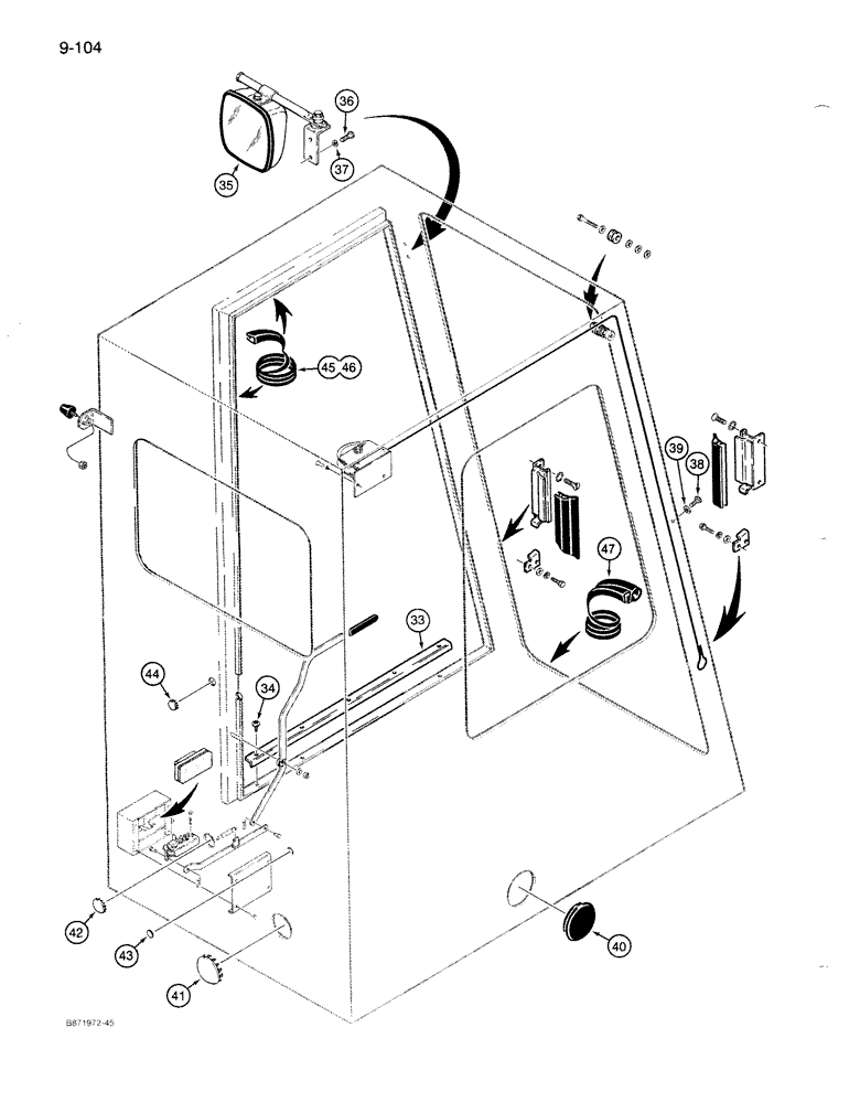 Схема запчастей Case 1085B - (9-104) - WINDSHIELD CABLES, DOOR LATCH, AND MISCELLANEOUS, CAB S/N 334940 AND AFTER (09) - CHASSIS