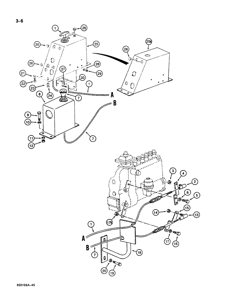 Схема запчастей Case 125B - (3-6) - THROTTLE AND FUEL SHUTOFF CONTROLS, P.I.N. 74251 THRU 74963, 21801 THRU 21868, 26801 AND AFTER (03) - FUEL SYSTEM