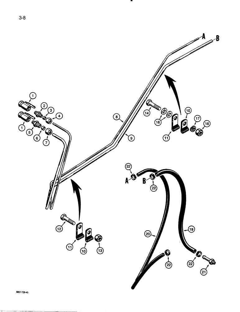 Схема запчастей Case 455C - (3-08) - FUEL LINES, TUBES CLAMP TO SIDE OF ENGINE FRAME AND UPRIGHT, IF USED (03) - FUEL SYSTEM