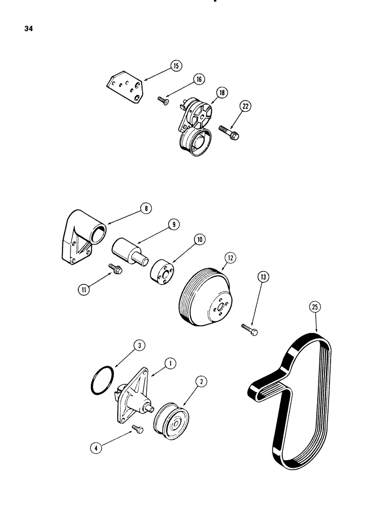 Схема запчастей Case 580E - (034) - WATER PUMP AND PULLEYS, 4T-390 AND 4-390 DIESEL ENGINE (02) - ENGINE