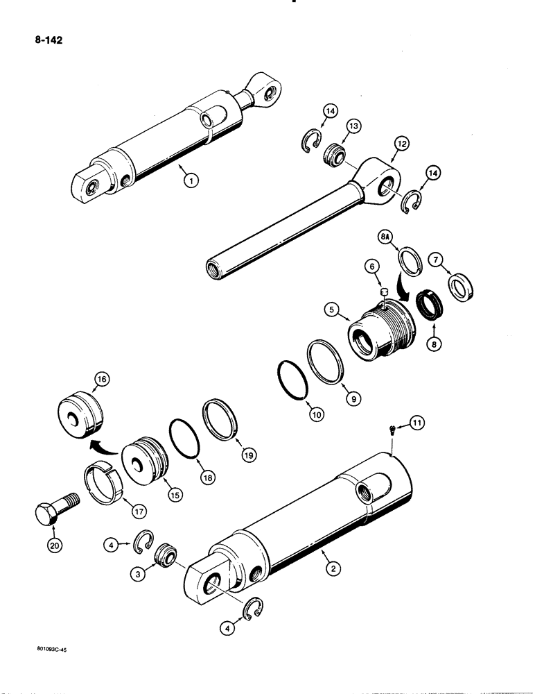 Схема запчастей Case 480E - (8-142) - G33128 THREE-POINT HITCH PITCH CYLINDER, FOR CATEGORY I HITCH W/3/4" DIA. MOUNTING PINS (08) - HYDRAULICS