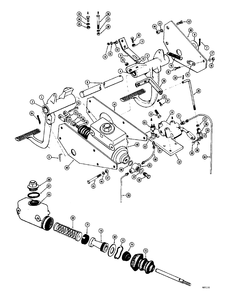 Схема запчастей Case W8C - (108) - HYDROVAC BRAKE SYSTEM, BRAKE PEDALS AND CLUTCH CONTROL (07) - BRAKES