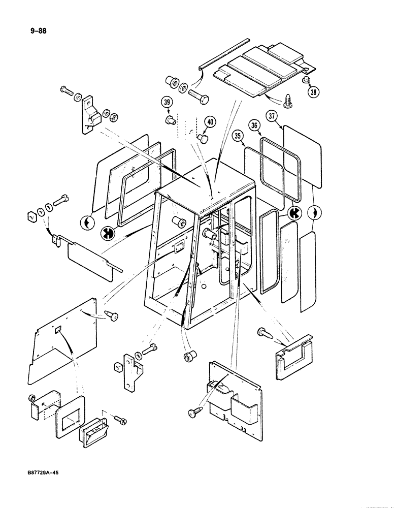 Схема запчастей Case 125B - (9-088) - CAB, CAB GLASS AND INSULATION, P.I.N. 74251 THROUGH 74963, 21801 THROUGH 21806 (09) - CHASSIS