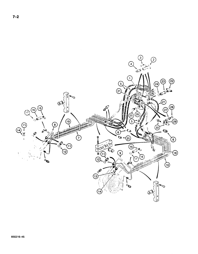 Схема запчастей Case 125B - (7-02) - TRACK DRIVE, DRIVE RANGE AND BRAKE HYDRAULIC LINES, P.I.N. 74251 THROUGH 74630 (07) - BRAKES