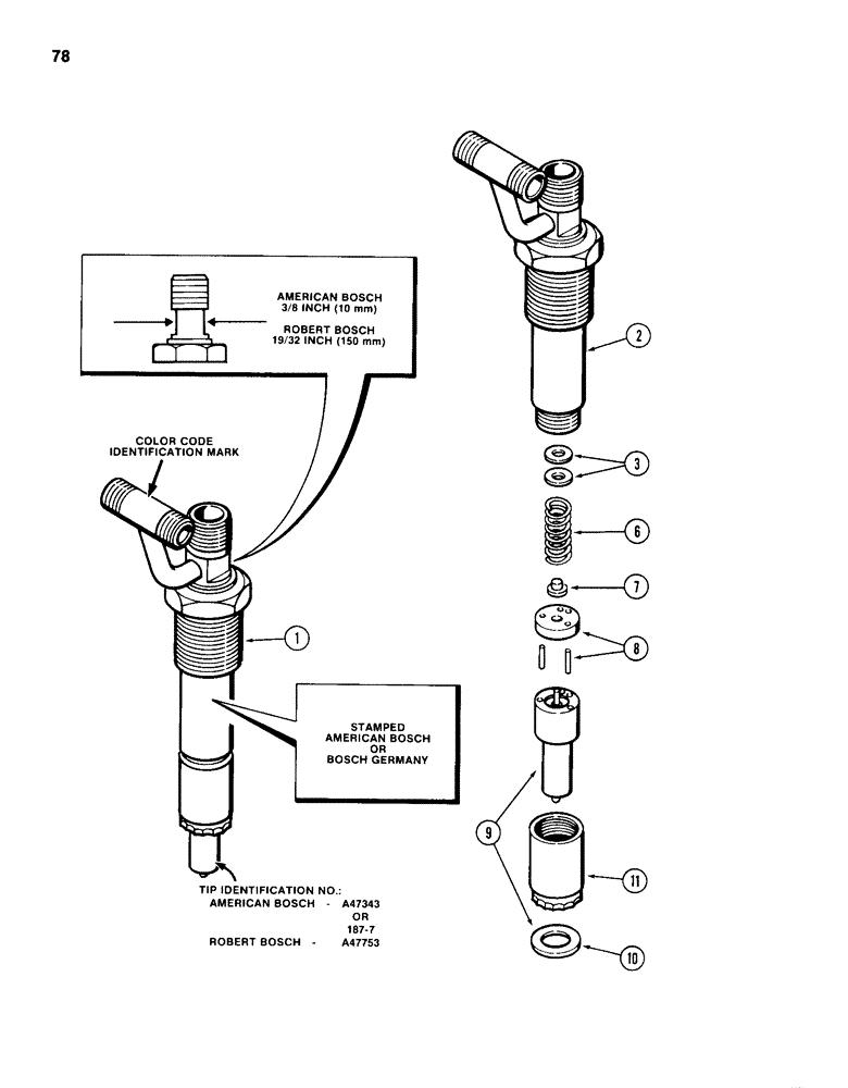 Схема запчастей Case 1155D - (078) - FUEL INJECTOR NOZZLE, 504BD AND 504BDT DIESEL ENGINES, BLUE COLOR CODE I.D. (03) - FUEL SYSTEM