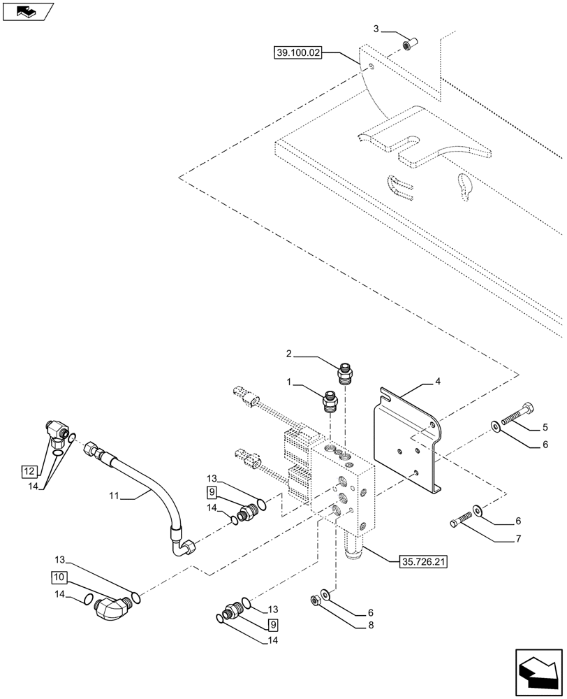 Схема запчастей Case 590SN - (35.726.25) - VALVE INSTALL - SINGLE COUPLER (35) - HYDRAULIC SYSTEMS