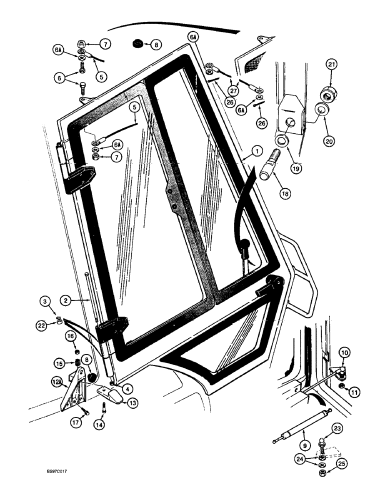 Схема запчастей Case 590SL - (9-106) - LEFT-HAND AND RIGHT-HAND CAB DOOR MOUNTING (09) - CHASSIS/ATTACHMENTS