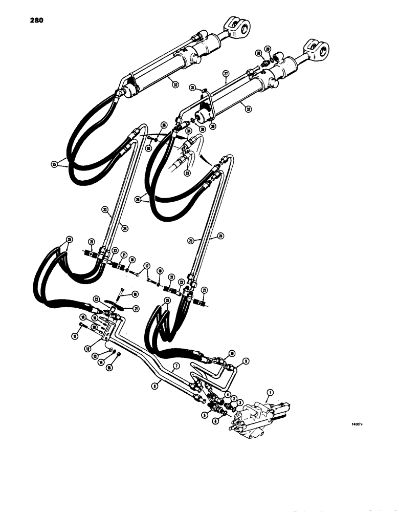 Схема запчастей Case 680E - (280) - LOADER BUCKET TILT CYLINDER HYDRAULIC CIRCUIT (35) - HYDRAULIC SYSTEMS