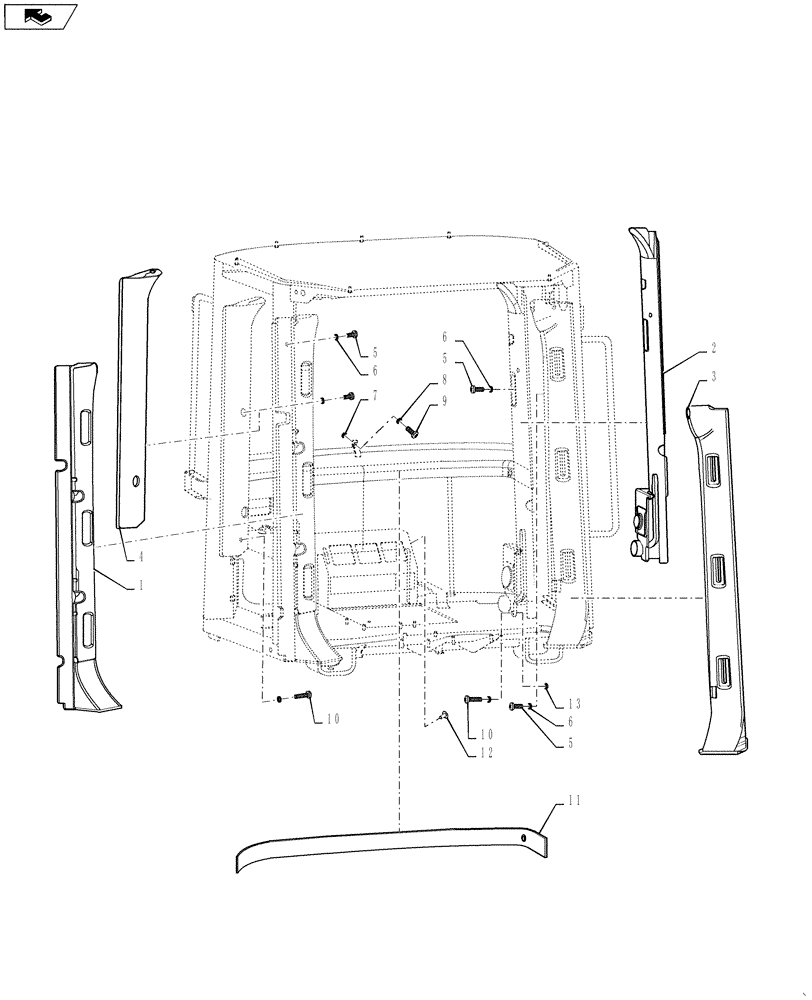 Схема запчастей Case 1021F - (90.160.04[02]) - CAB - INTERIOR TRIM - COLUMNS - HVT ONLY (90) - PLATFORM, CAB, BODYWORK AND DECALS