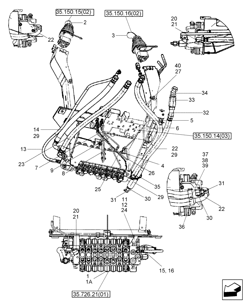 Схема запчастей Case 580SM - (35.726.07[02]) - HYDRAULICS - VALVE, PILOT CONTROL AND JOYSTICKS (8 SPOOL, W/ EXT DIPPER, W/ AUX HYDS) (580SM+) (35) - HYDRAULIC SYSTEMS